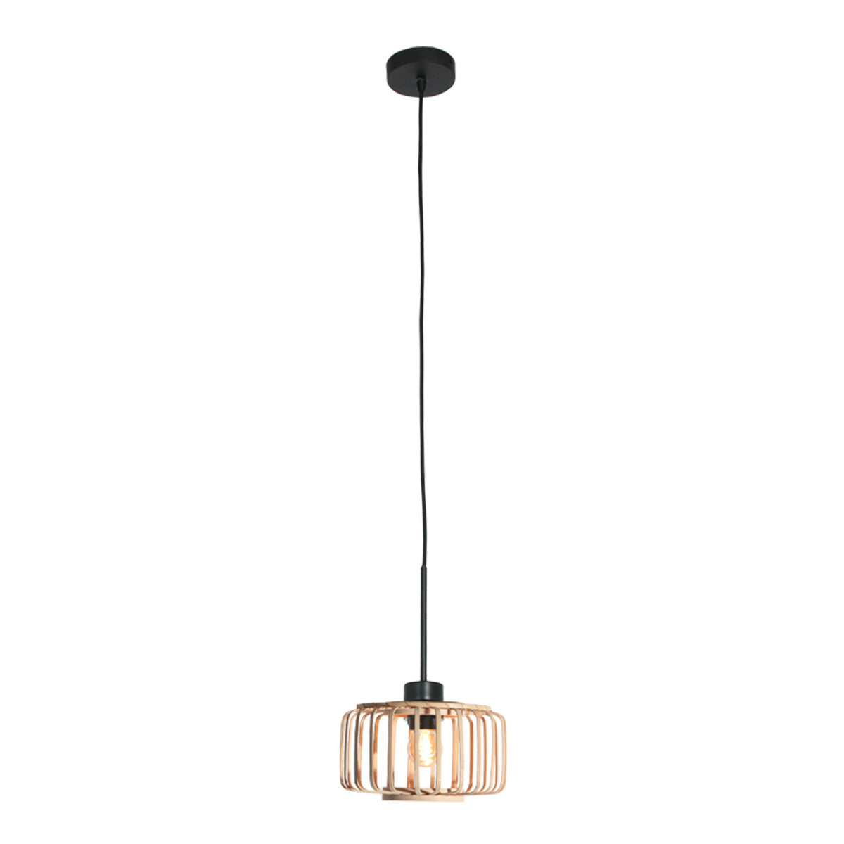 Vue d'ensemble du luminaire suspendu avec rosace noire et abat-jour en bambou naturel