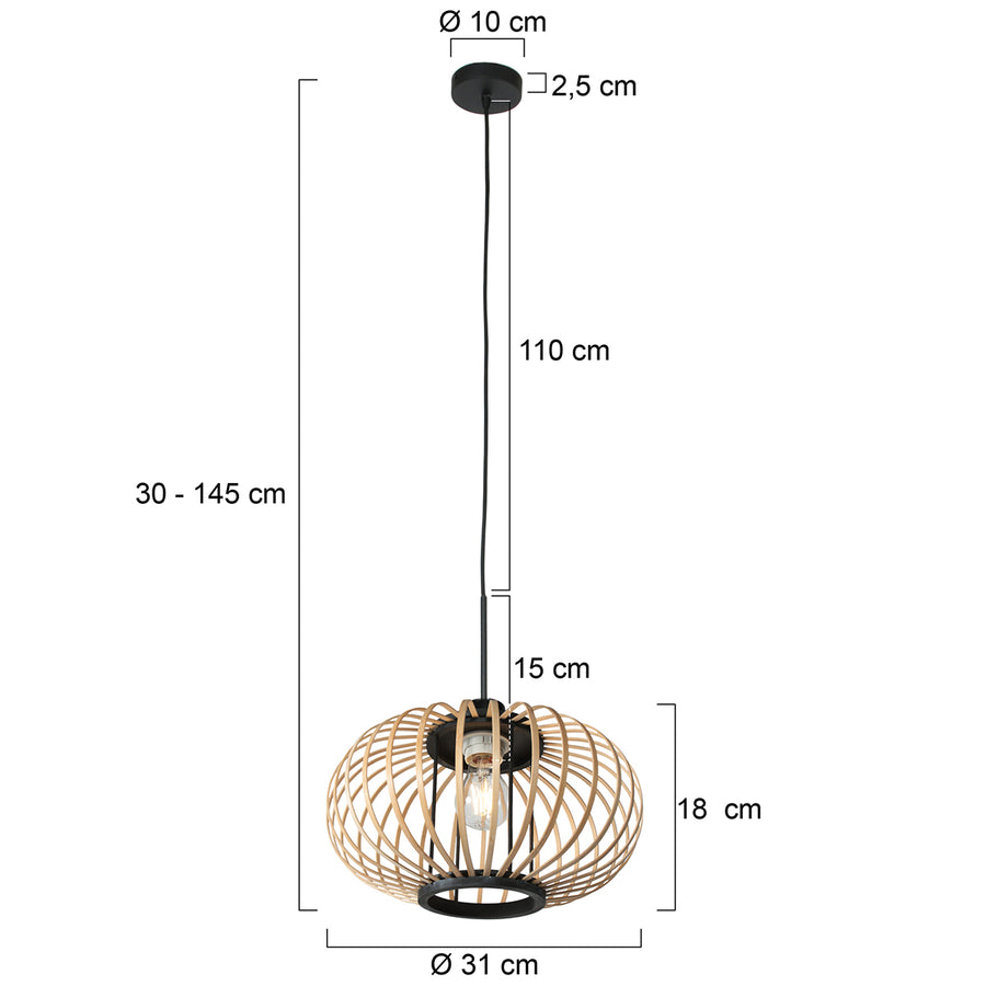 Dimensions de la suspension bambou Kubu : abat-jour Ø 31 cm, hauteur 18 cm, câble réglable 30-145 cm