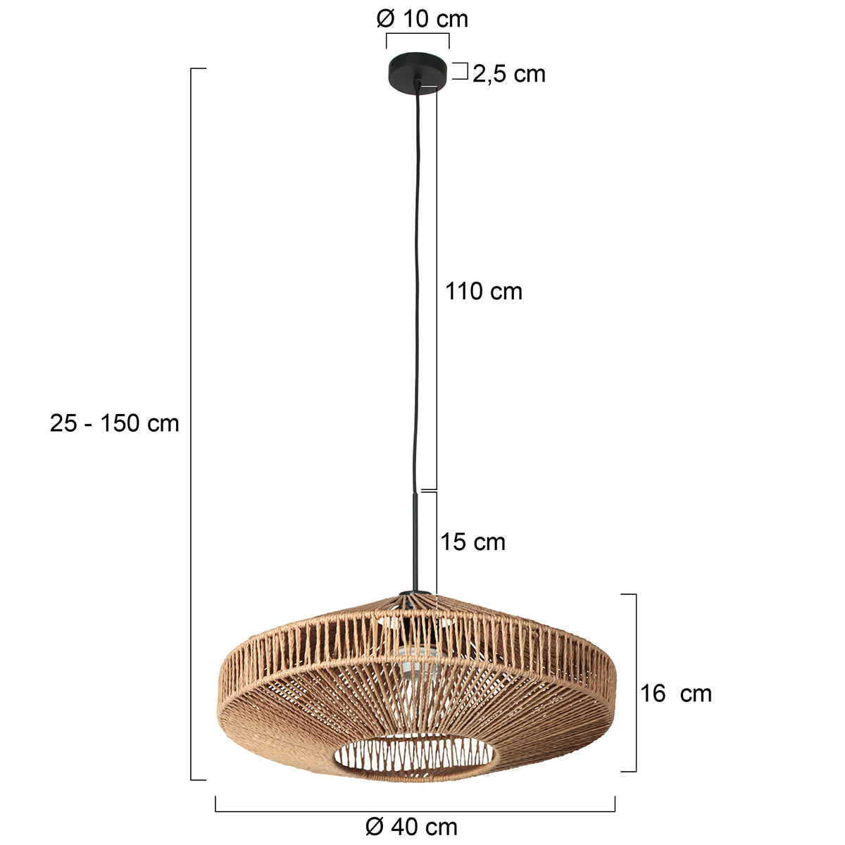 Dimensions de la suspension corde soucoupe : Ø 40 cm, hauteur réglable 25 à 150 cm