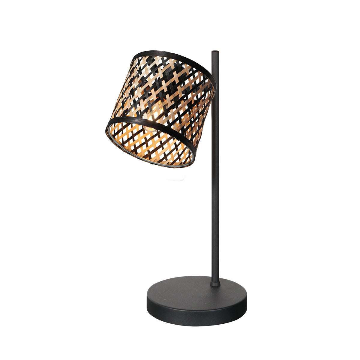 Lampe de chevet liseuse bambou Java vue de face, abat-jour tressé sur pied noir