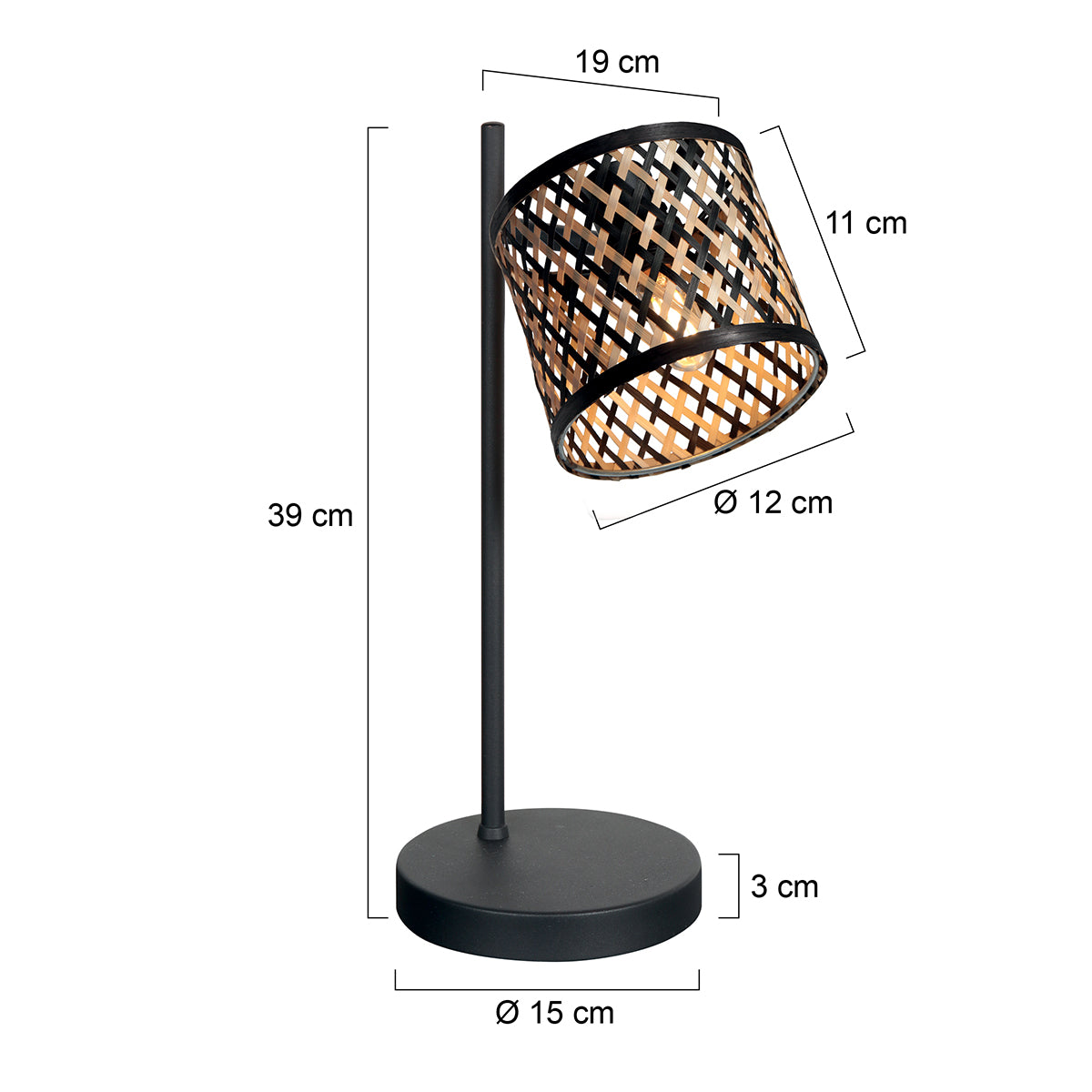 Dimensions de la lampe de chevet Java : hauteur 39 cm, base Ø 15 cm, abat-jour Ø 12 x 11 cm