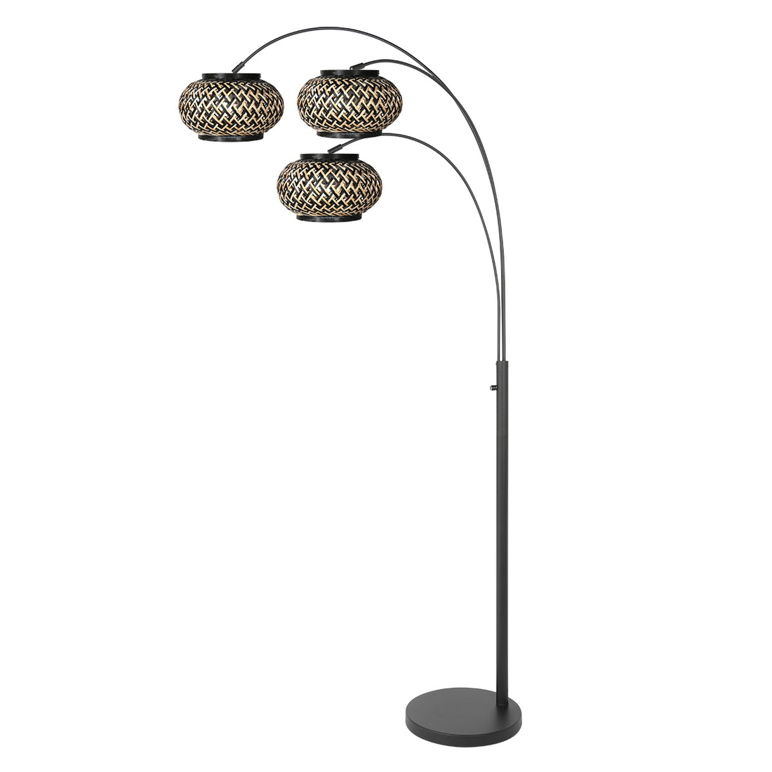 Bogenstehlampe aus Rattan, 3-flammig, geflochtene Kugelschirme, Wohnzimmer | Ubud
