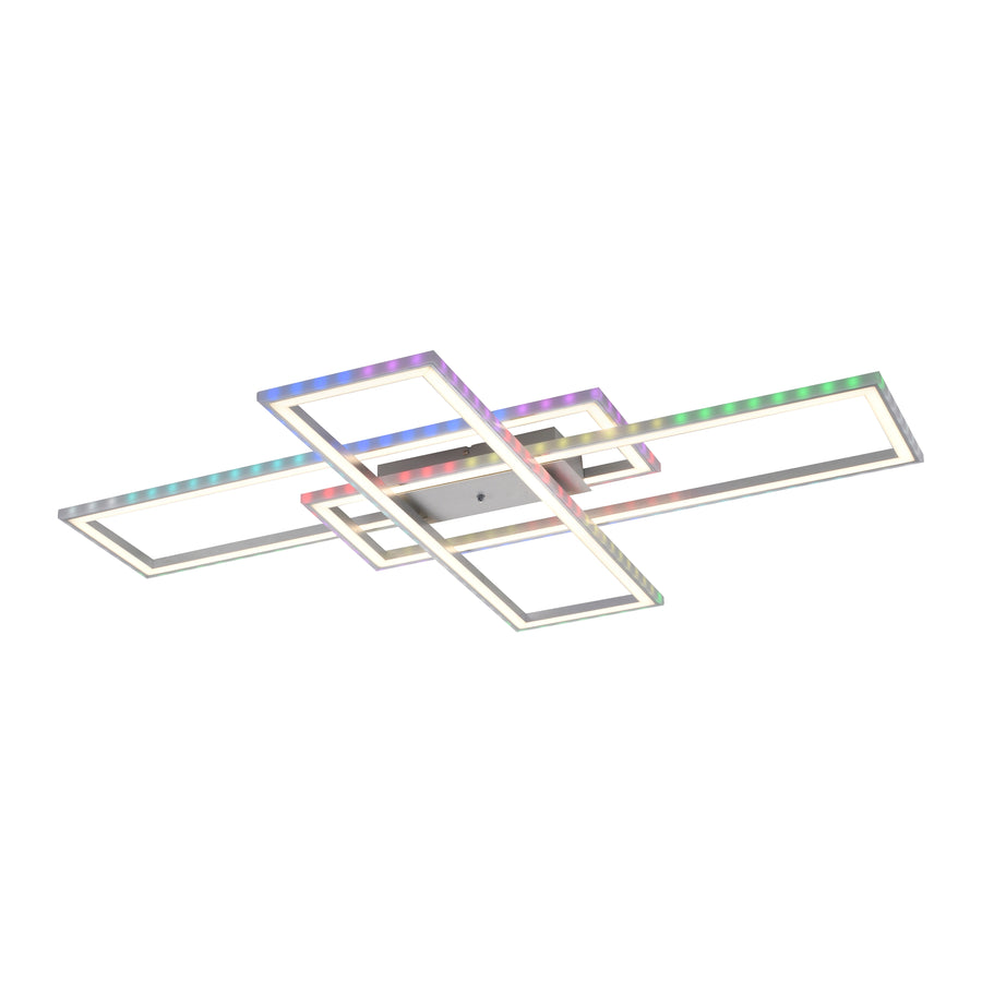 Vue en perspective du luminaire aux cadres rectangulaires croisés, éclairage multicolore