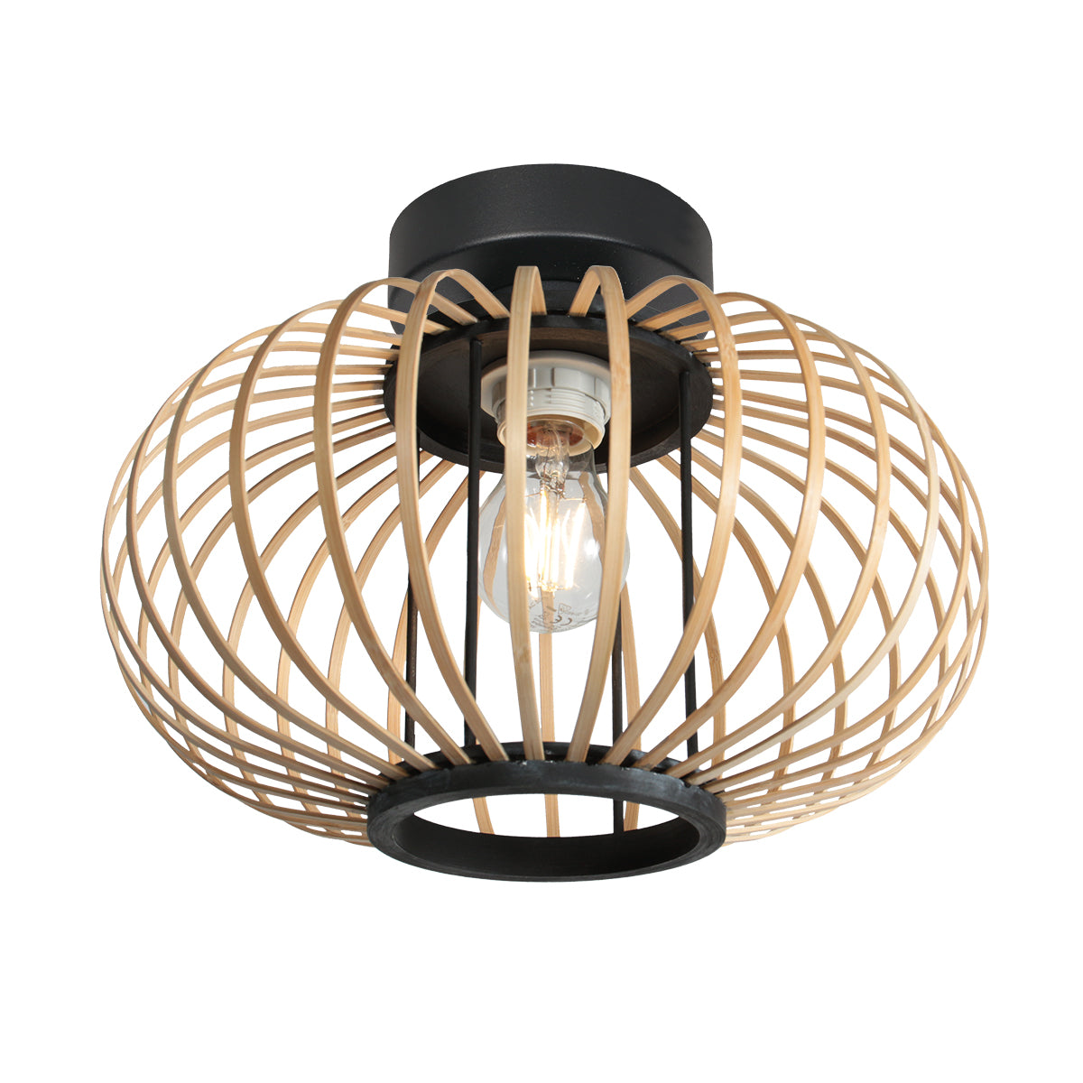 Plafonnier bambou noir Sumba allumé, lumière chaude diffusée à travers la cage en bambou