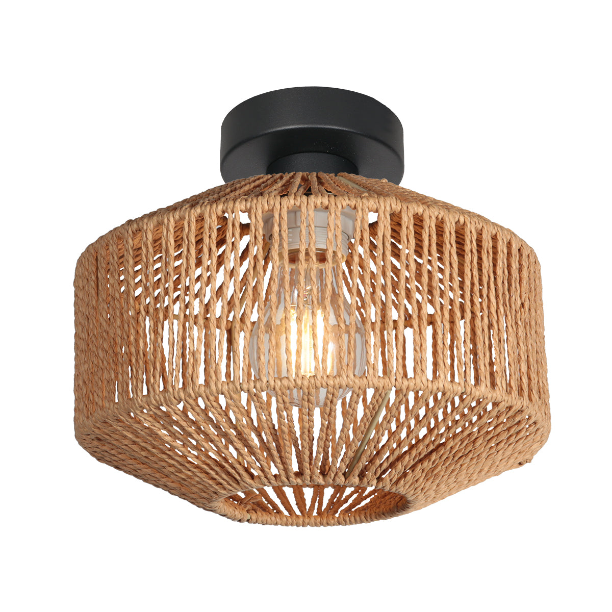 Plafonnier corde allumé, lumière tamisée diffusée par l'abat-jour tressé