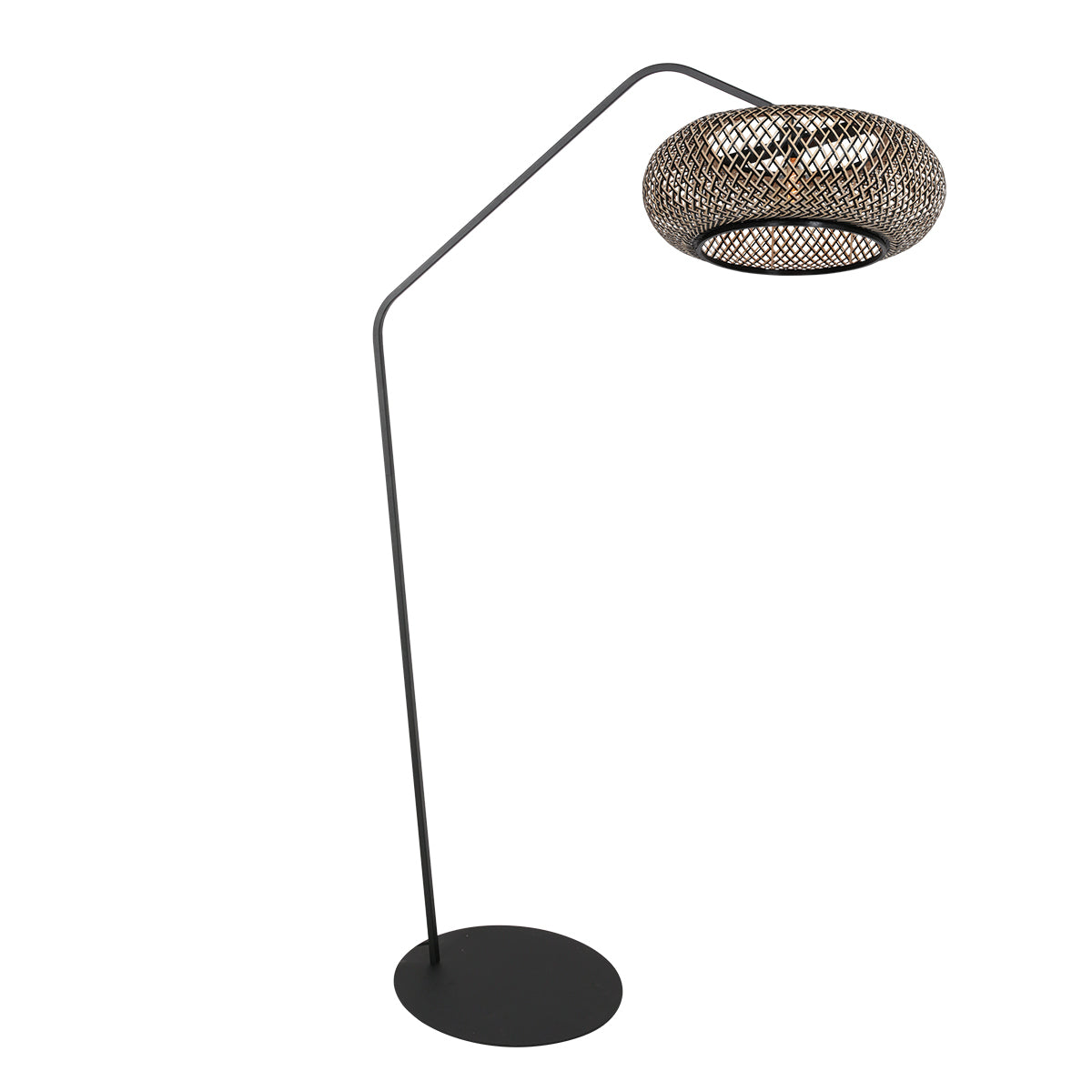 Lampadaire liseuse bambou Anne de profil, arc métal noir et abat-jour galette en bambou tressé