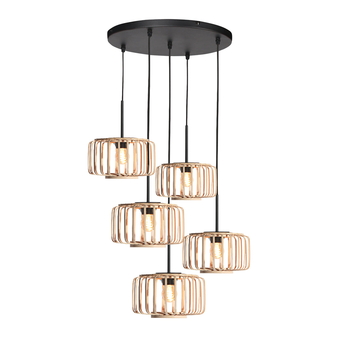 Plan large montrant les cinq cages en bambou et leurs douilles noires