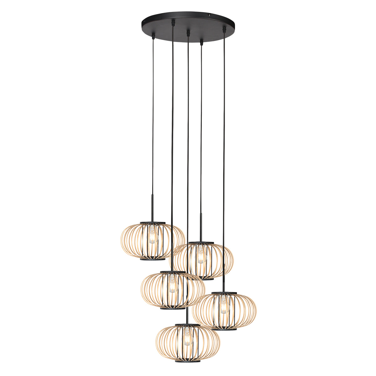 Suspension grappe bambou Java, cinq abat-jours boule ajourés en bambou naturel suspendus en cascade