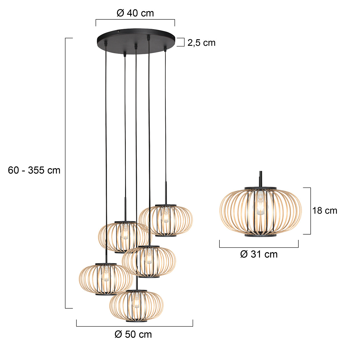 Dimensions de la suspension grappe bambou Java : base Ø 50 cm, abat-jour Ø 31 cm, hauteur réglable 60 à 355 cm