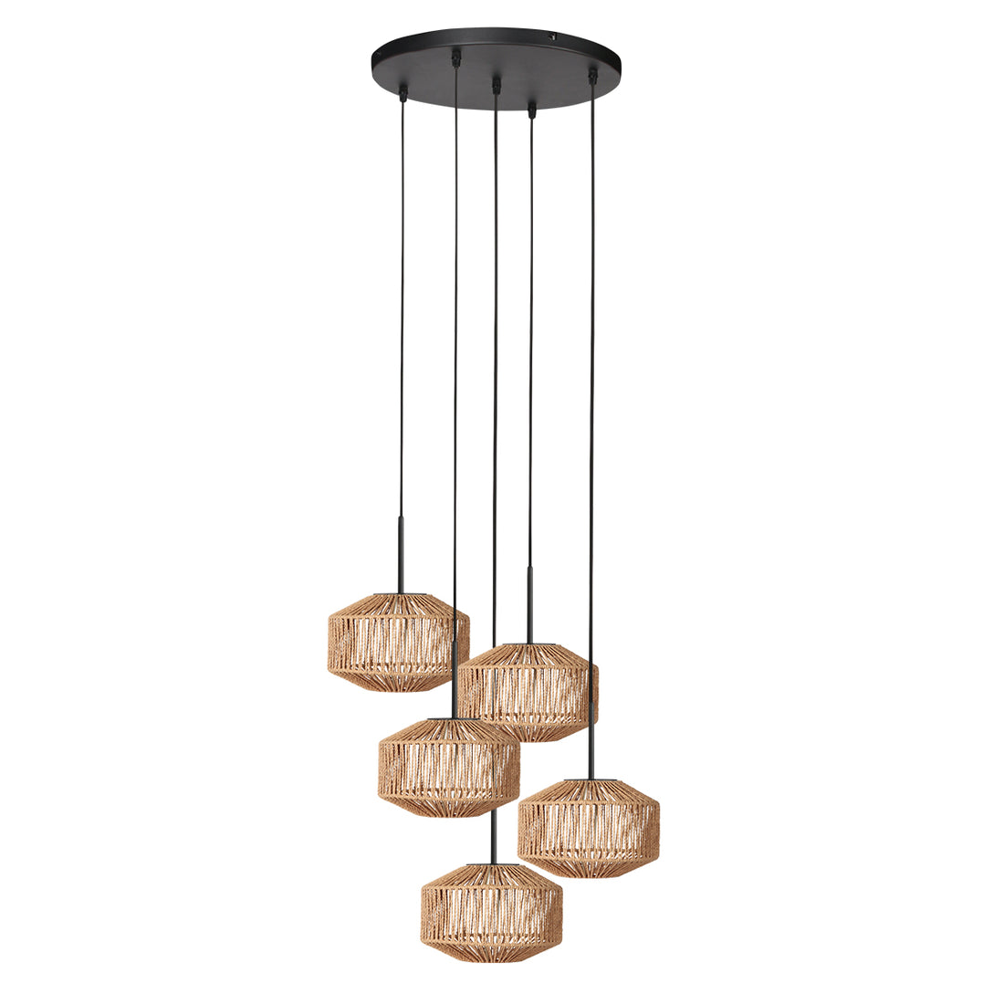 Hängeleuchte, 5 Lampenschirme aus Naturkordel, Kaskade Ø 50 cm | Nusa