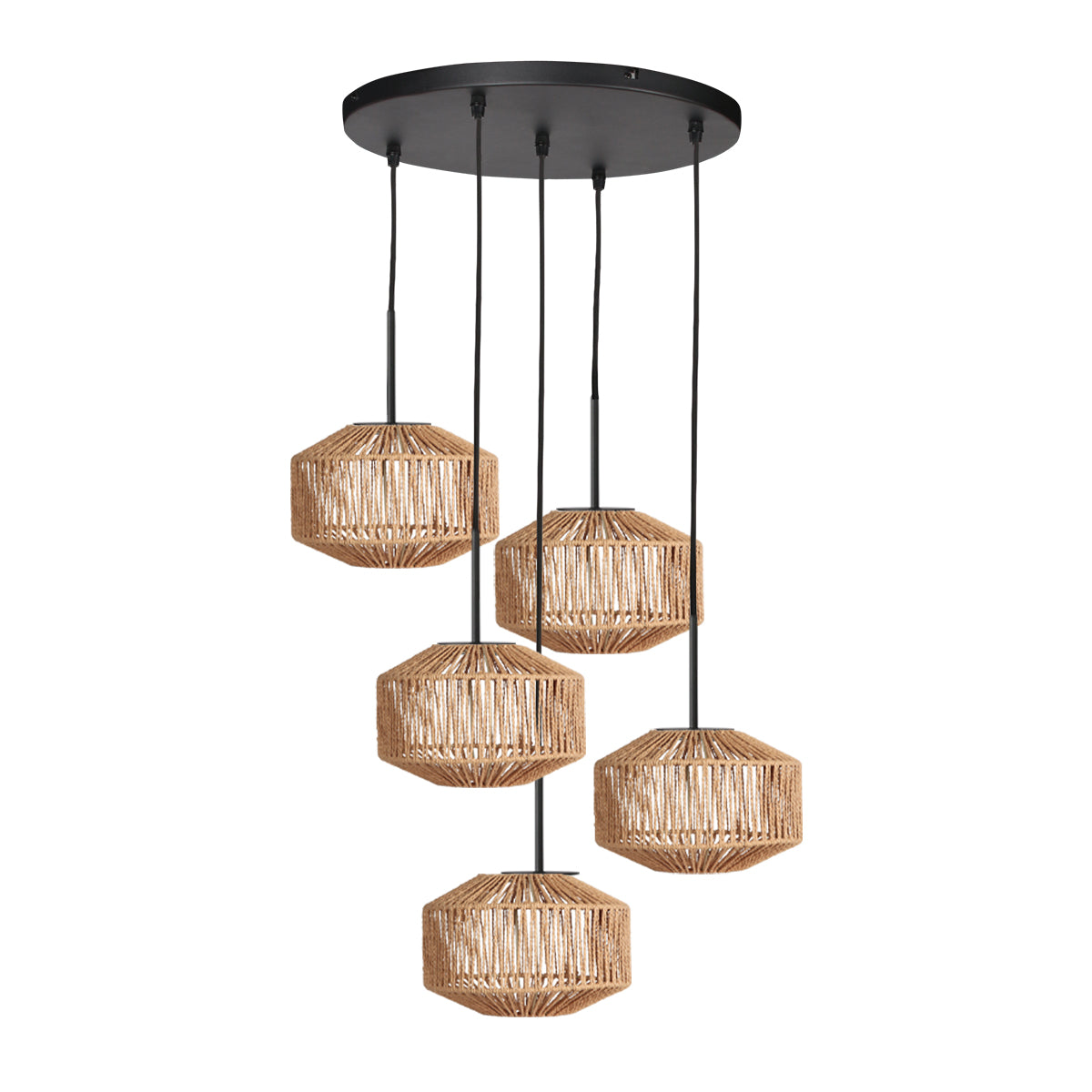 Suspension 5 lumières corde naturelle, abat-jours en cascade sous la platine ronde noire