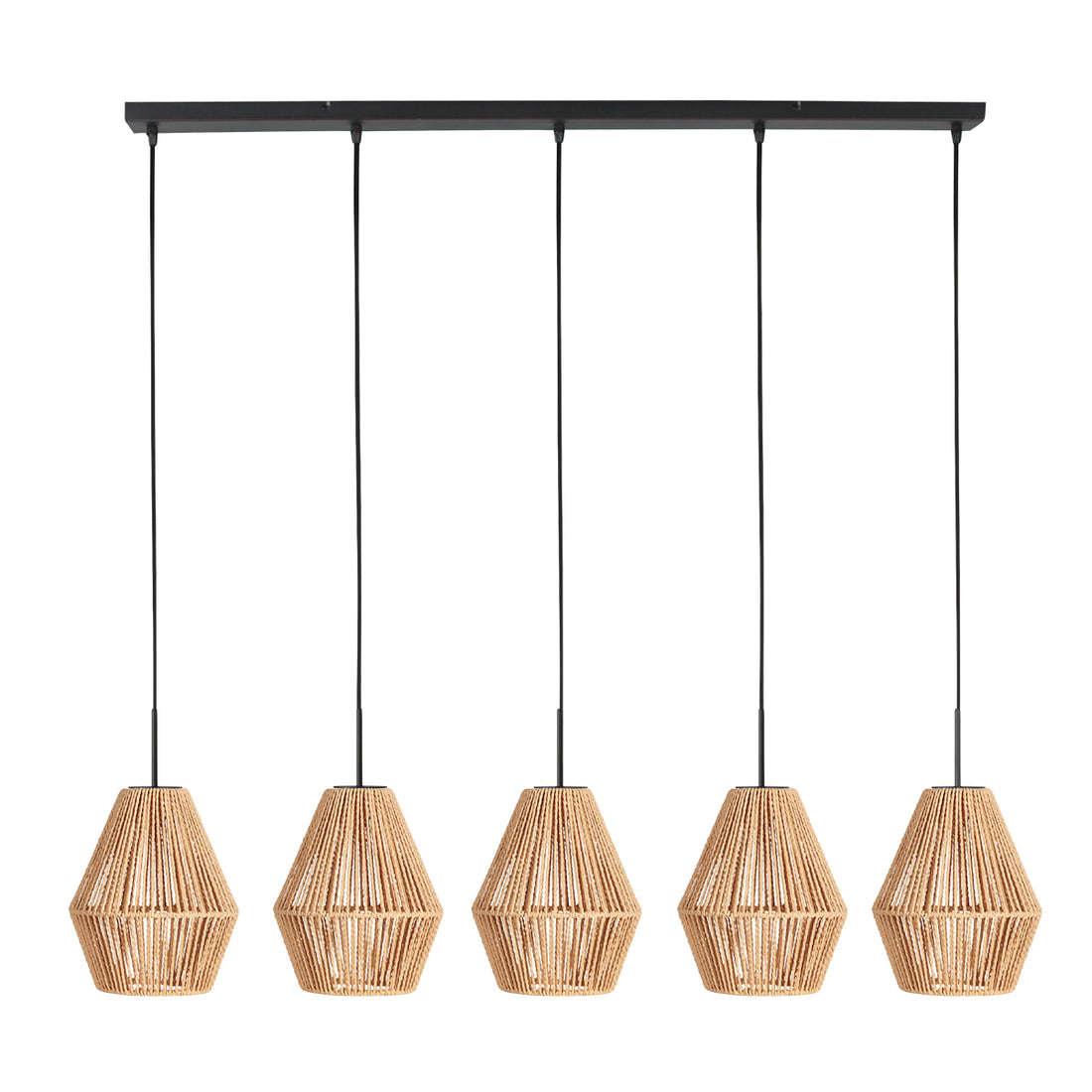 Pendelleuchte mit geflochtener Stange, 5 beigefarbene Diabolo-Lampenschirme, 110 cm | Bintan