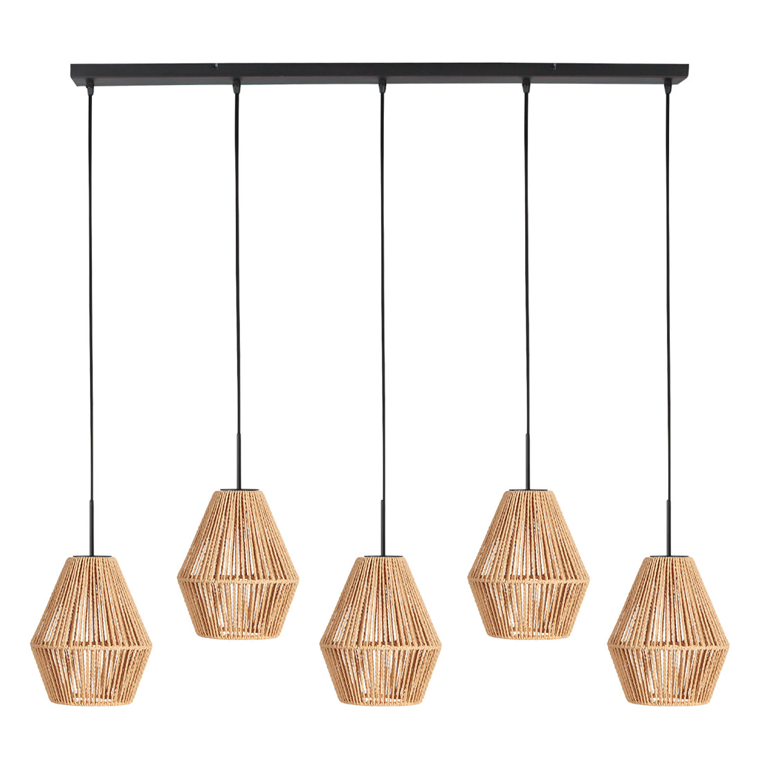 Pendelleuchte mit geflochtener Stange, 5 beigefarbene Diabolo-Lampenschirme, 110 cm | Bintan
