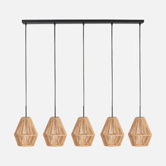 Pendelleuchte mit geflochtener Stange, 5 beigefarbene Diabolo-Lampenschirme, 110 cm | Bintan