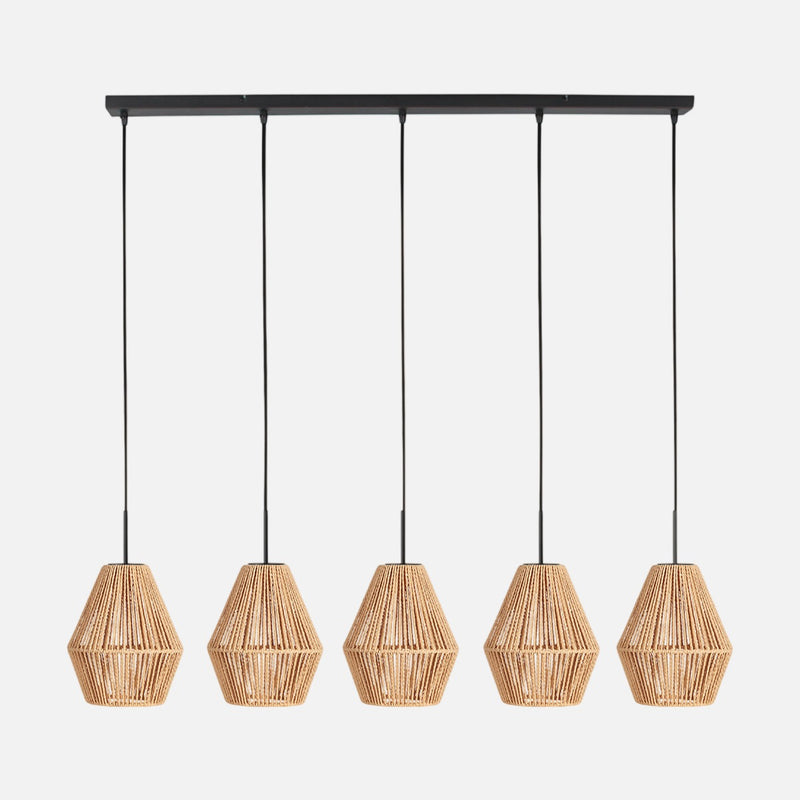 Pendelleuchte mit geflochtener Stange, 5 beigefarbene Diabolo-Lampenschirme, 110 cm | Bintan