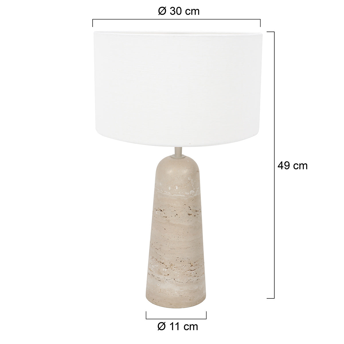 Dimensions de la lampe de chevet travertin Travino : hauteur 49 cm, base Ø 11 cm