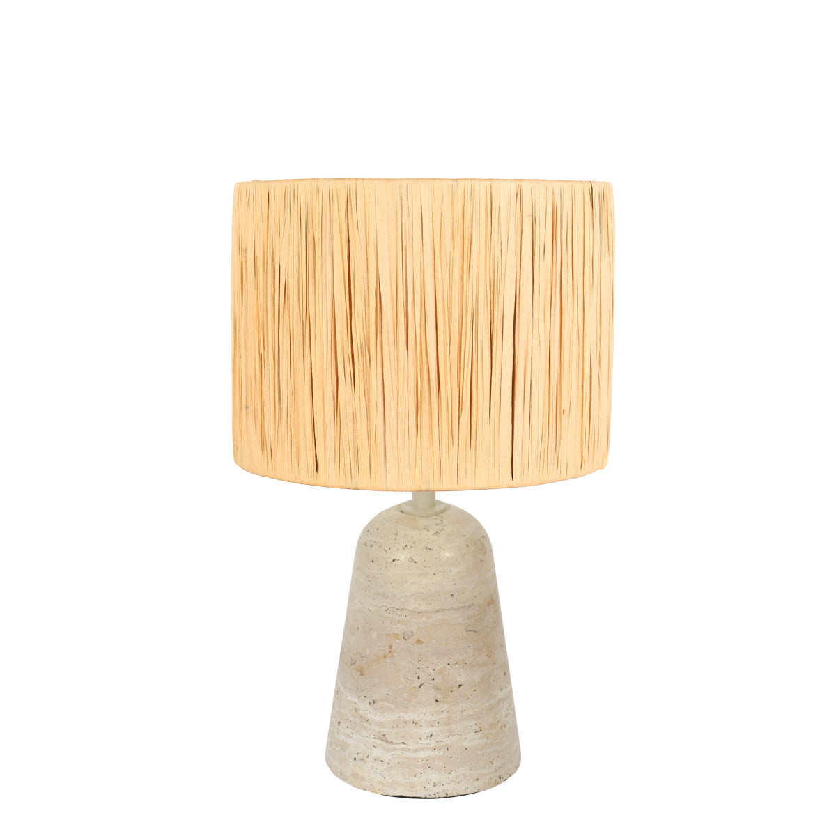 Lampe à poser travertin Anne Light vue d'ensemble, base conique et abat-jour seagrass
