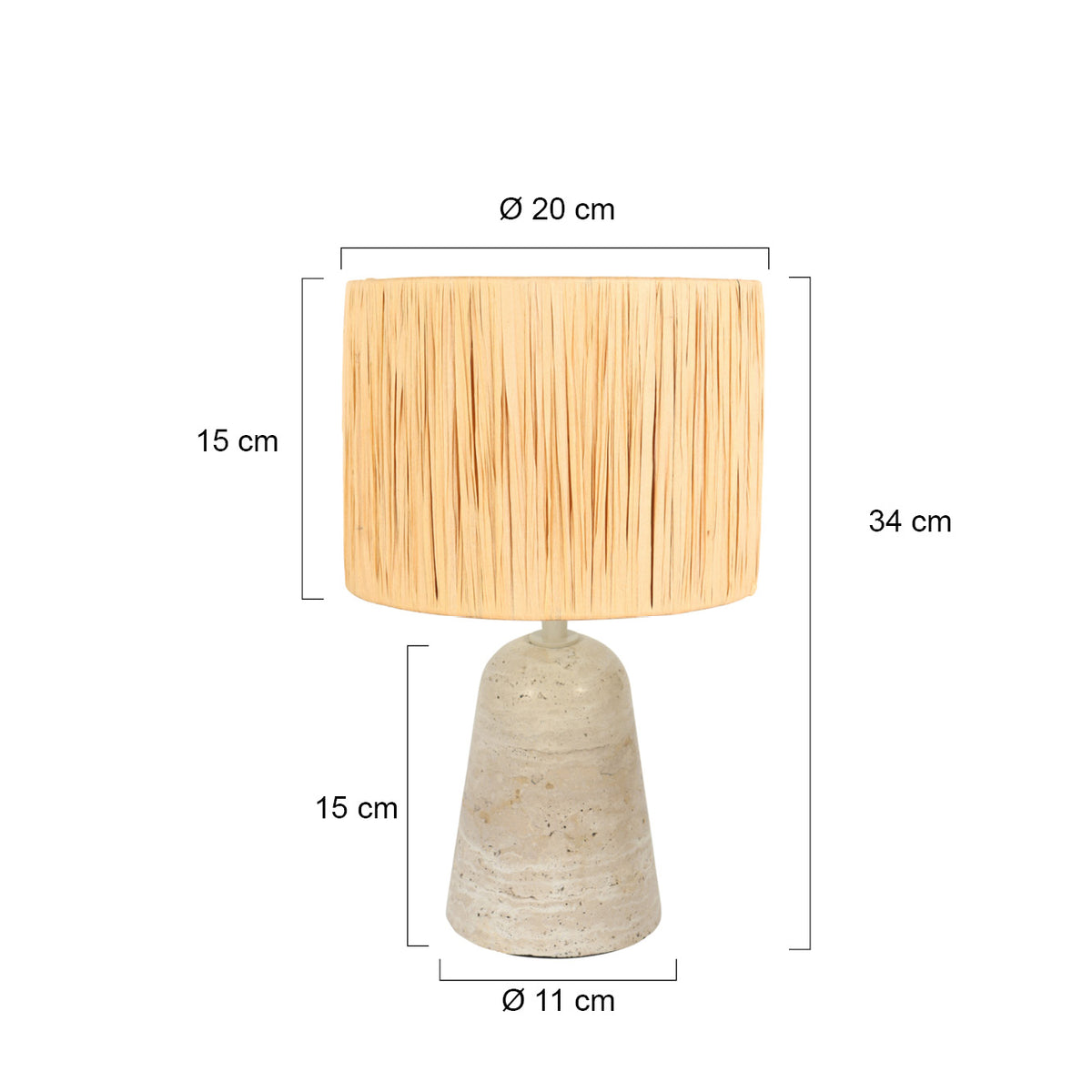 Dimensions de la lampe à poser travertin : hauteur 34 cm, abat-jour Ø 20 cm, base Ø 11 cm