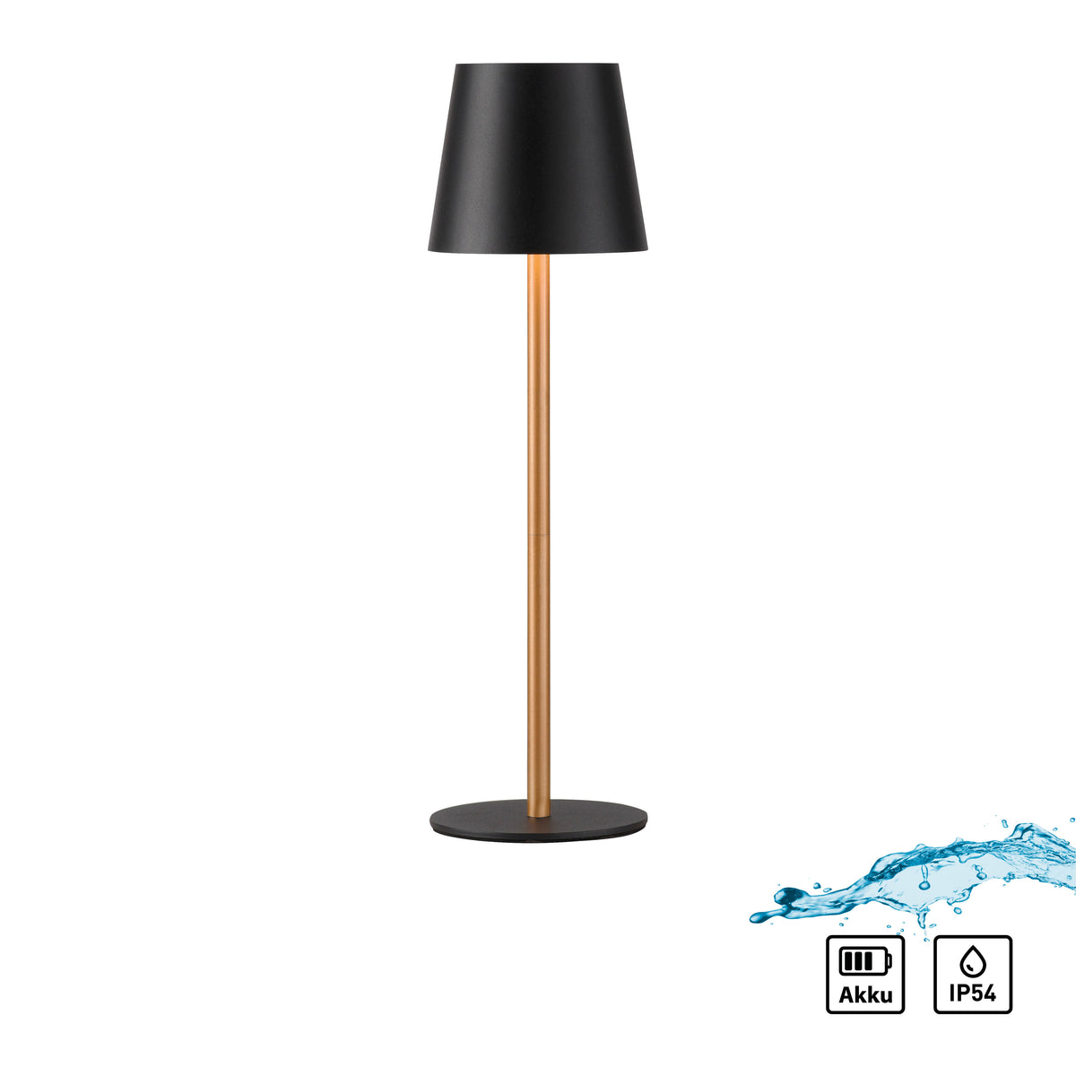 Vue de face avec icônes batterie et IP54, lampe à poser noire et laiton.