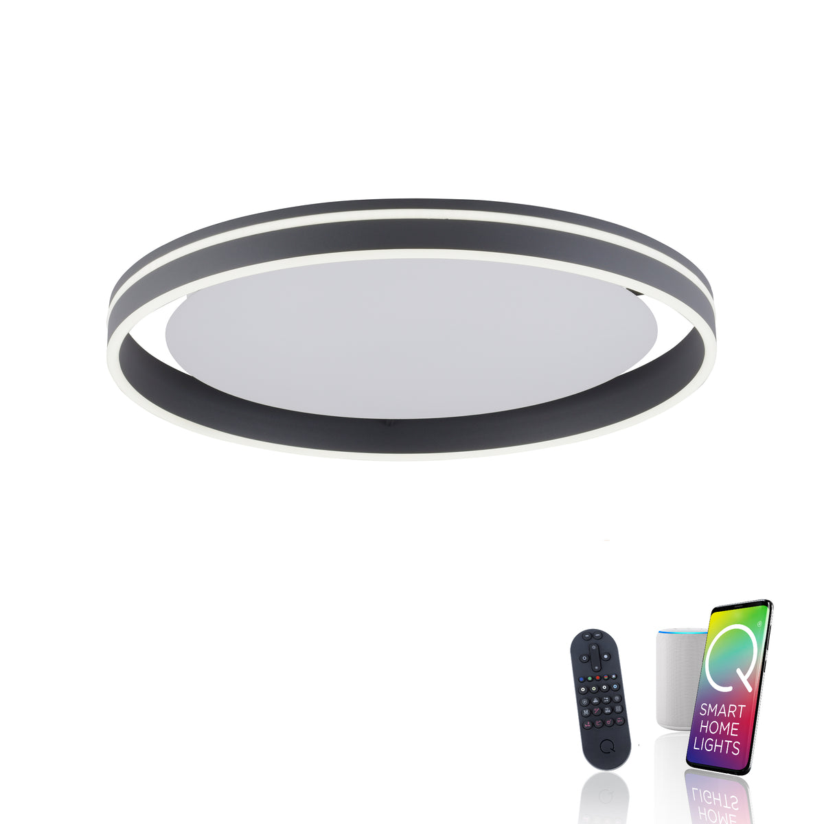 Plafonnier anthracite présenté avec télécommande, enceinte connectée et application smartphone.