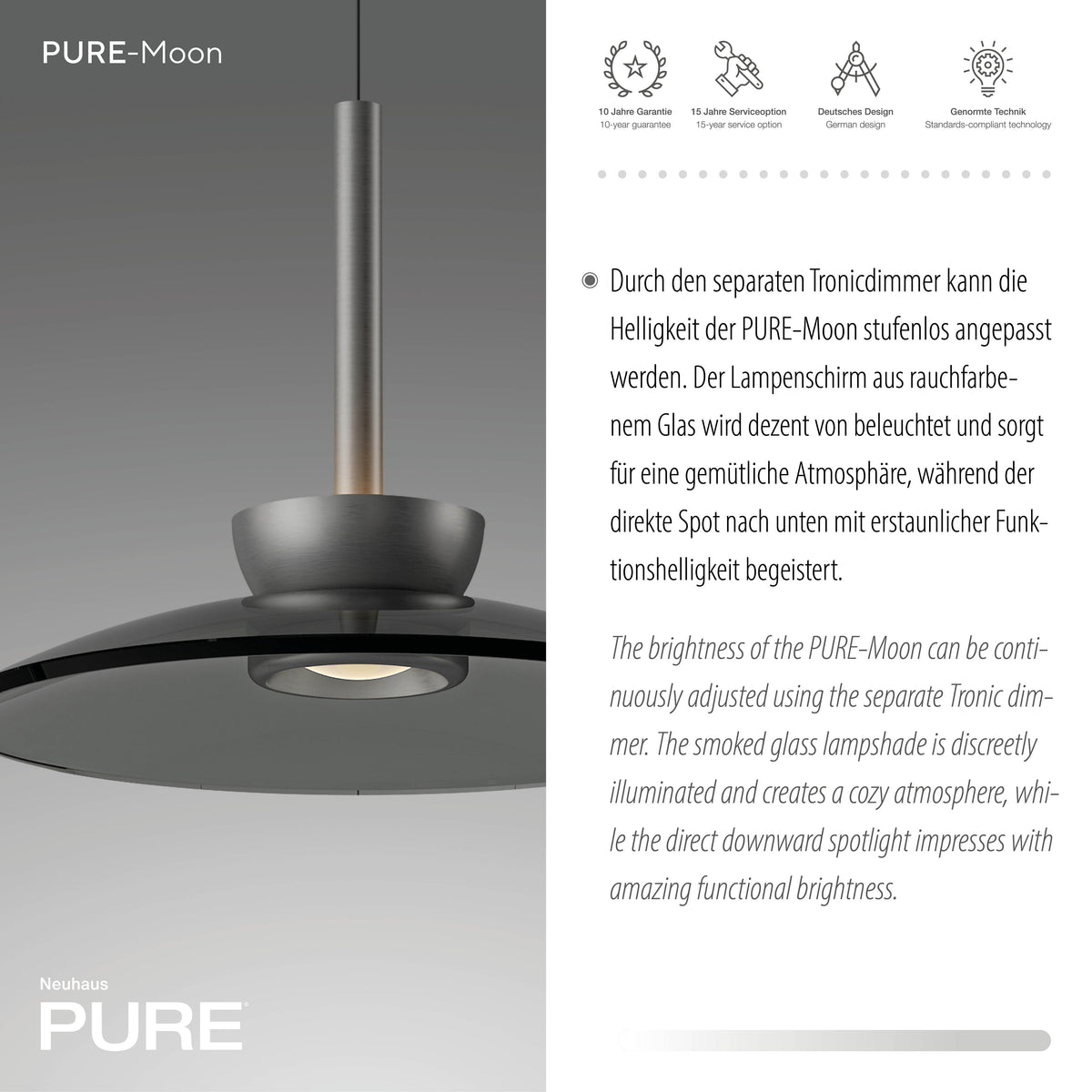 Gros plan sur l'abat-jour en verre fumé et le spot LED central