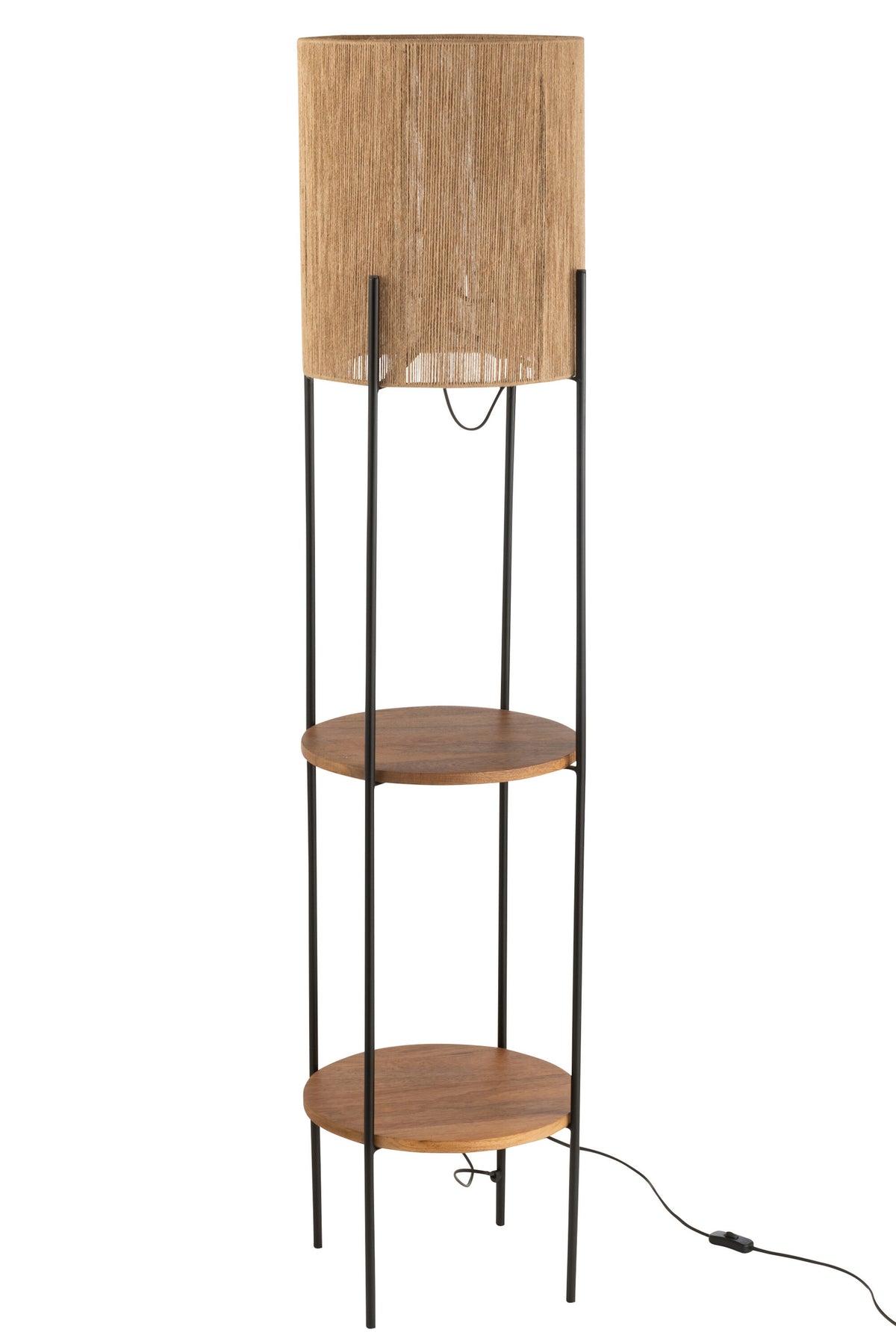 Produit isolé sur fond blanc, structure en métal noir et plateaux bois