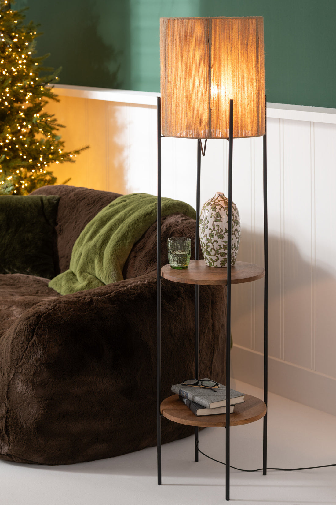 Stehlampe Eisen Mangoholz schwarz