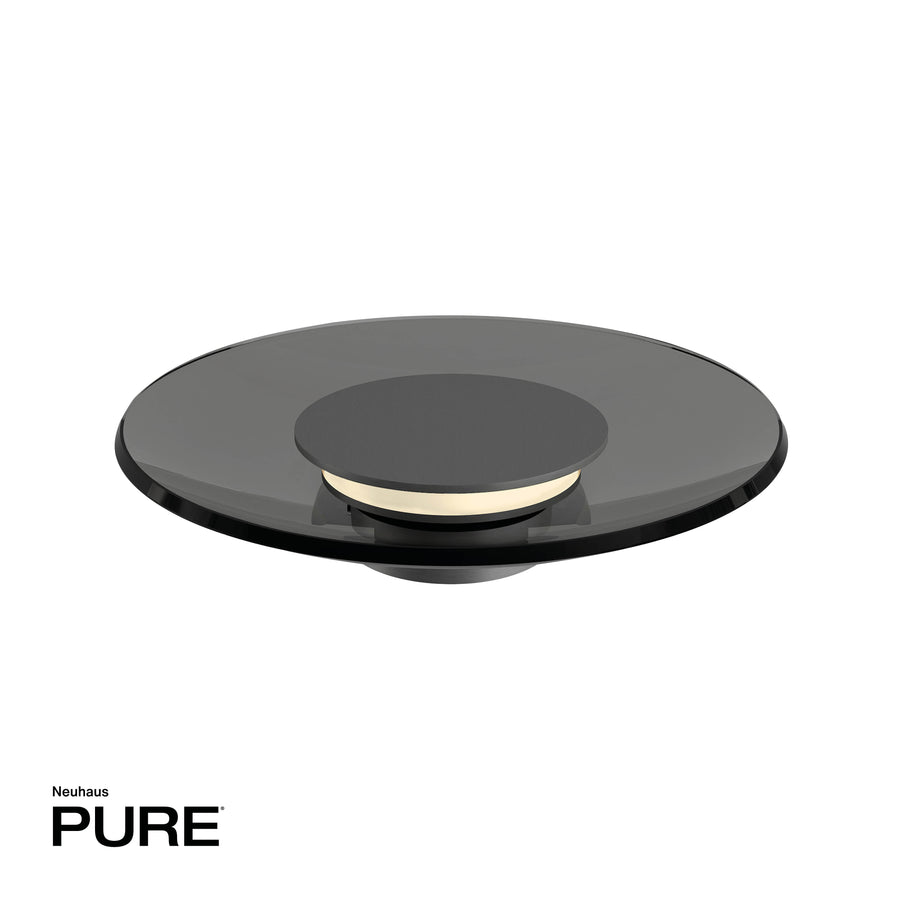 Vue en plongée du luminaire circulaire sur fond blanc, avec logo de marque en bas.