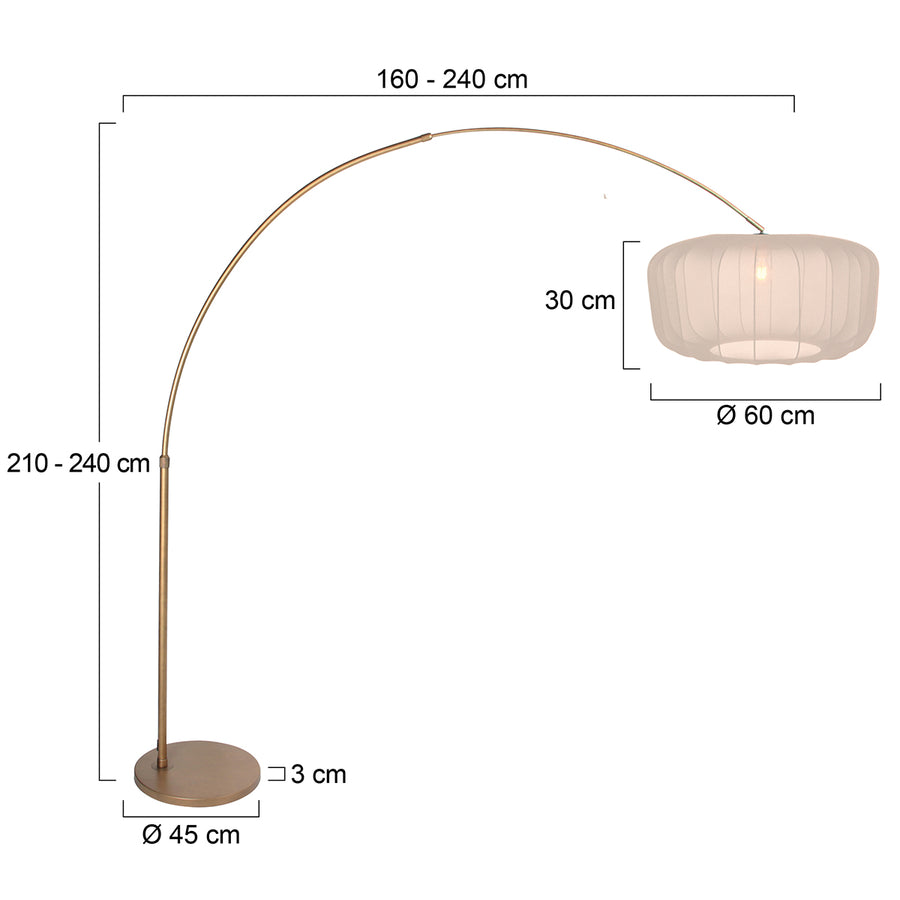 Schéma coté du lampadaire : hauteur, portée de l'arc, diamètres abat-jour et base