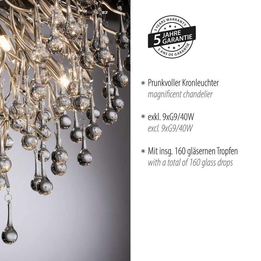 Détail du luminaire avec badge de garantie cinq ans et mention de 160 gouttes.