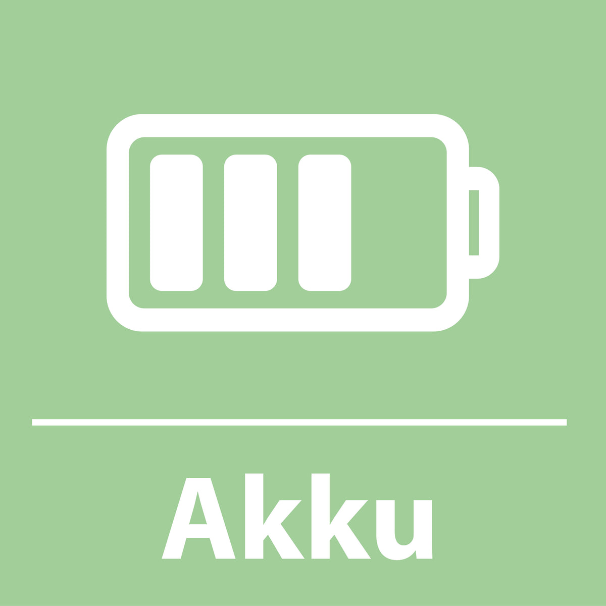 Icône de batterie blanche sur fond vert, mention Akku pour l'autonomie sans fil