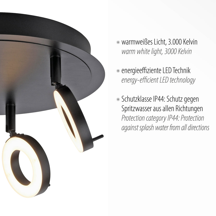 Détail des anneaux orientables avec texte sur lumière chaude 3000 kelvins et technologie LED