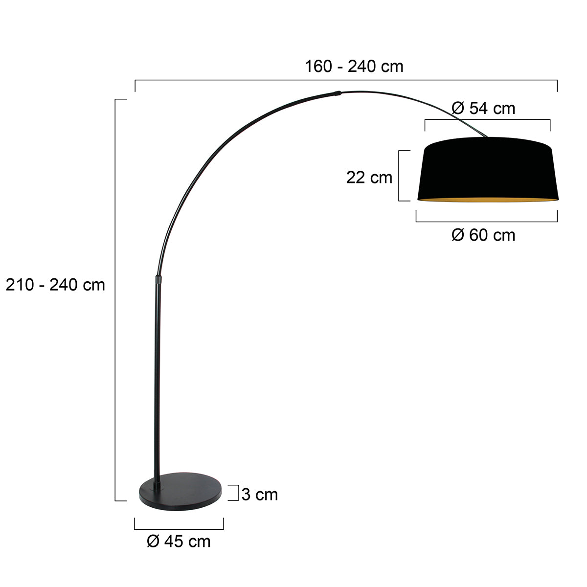 Schéma coté du lampadaire avec hauteurs, portée et diamètres de l'abat-jour