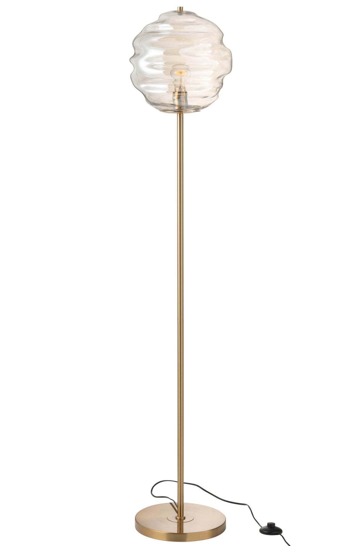 Vue de face du luminaire éteint, socle rond doré et câble avec interrupteur