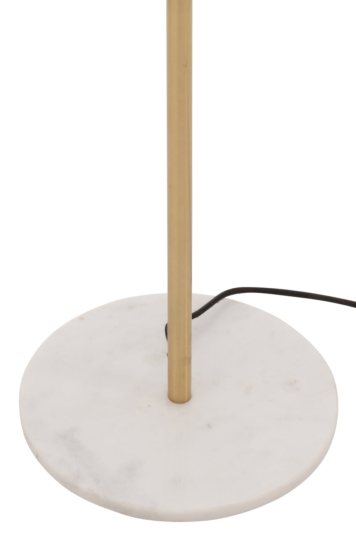 Détail du socle circulaire en marbre blanc traversé par le fût doré et son câble