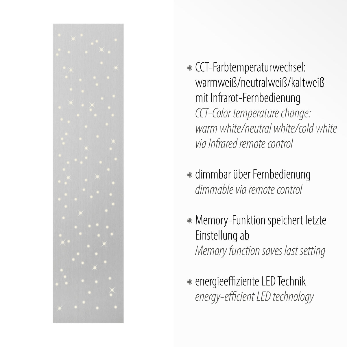 Détail du motif étoilé doré et liste des fonctions CCT, variateur, mémoire