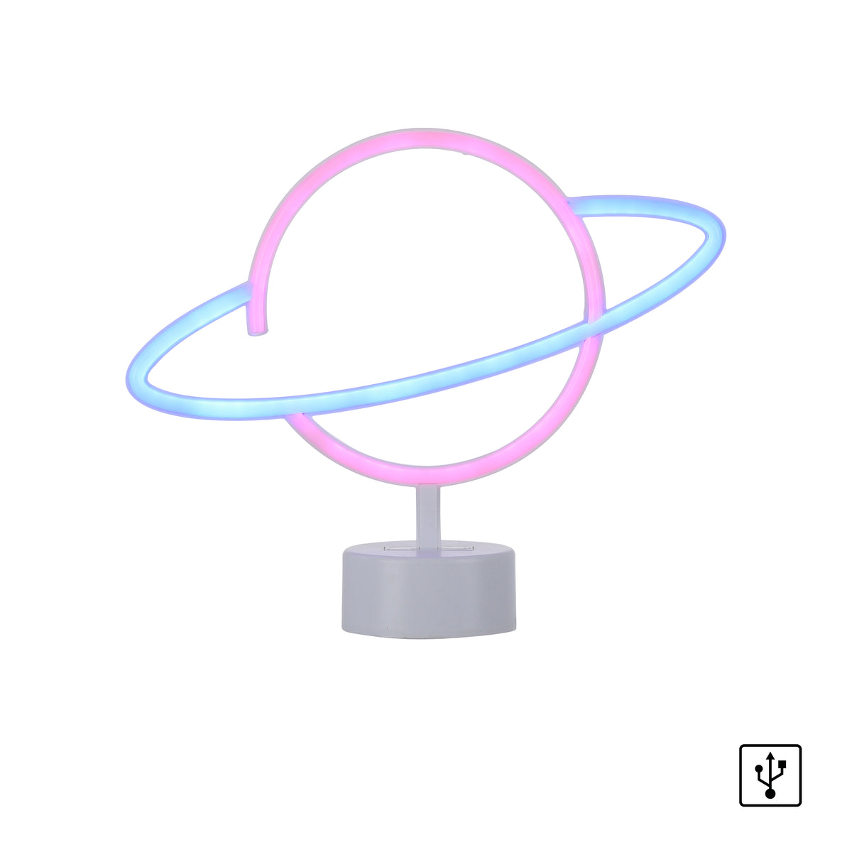Vue de face sur fond blanc avec icône USB, lampe neon multicolore
