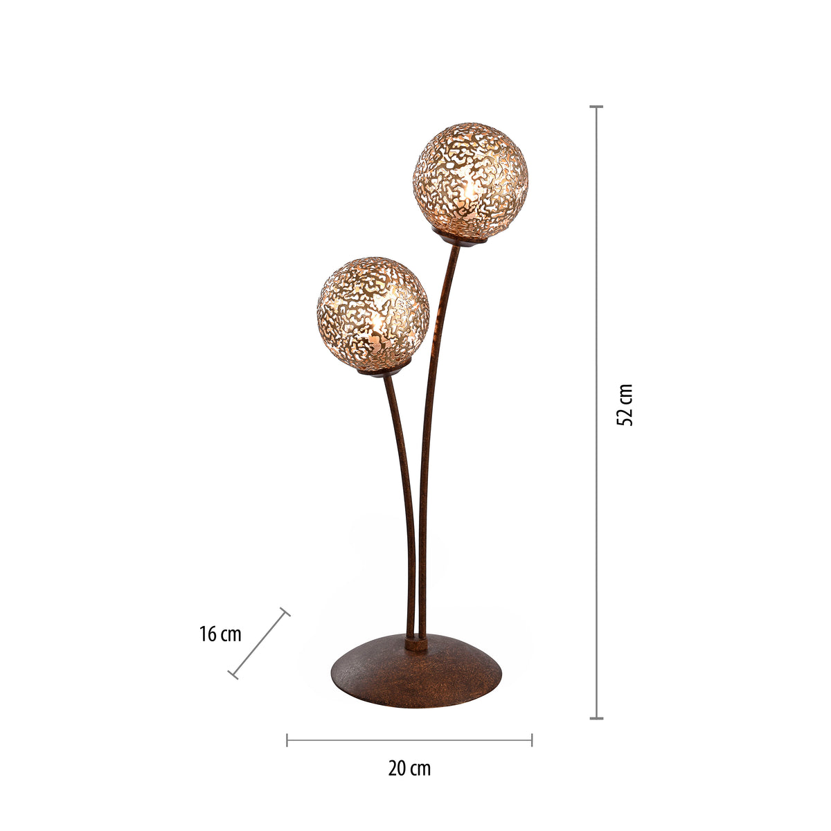 Schéma de dimensions coté, hauteur 52 cm, socle 20 cm de large