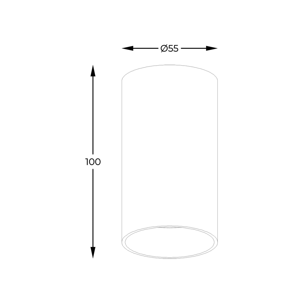 Schéma de dimensions du spot cylindrique : 100 mm de haut, 55 mm de diamètre.