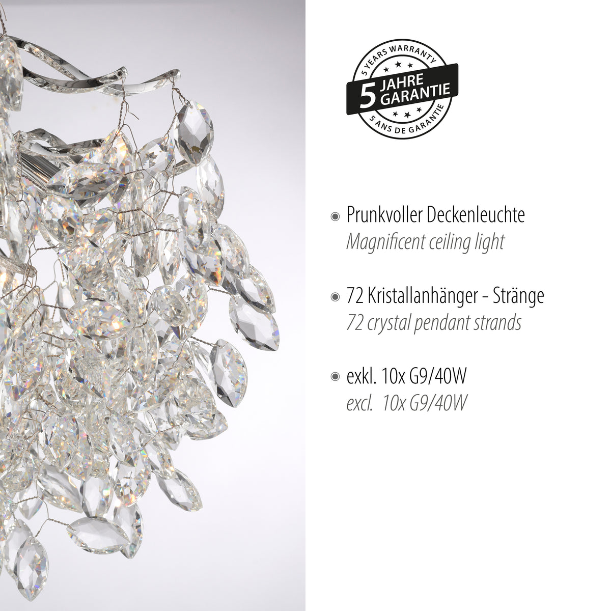 Plafonnier Ricicle 10 lumières chromé, cristal