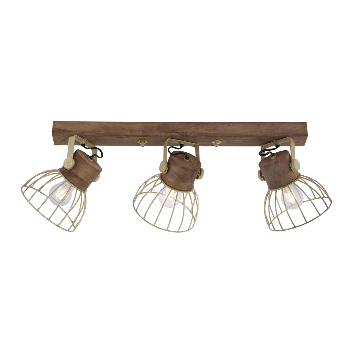 Même plafonnier trois lumières présenté sur fond blanc, bois et finition laiton