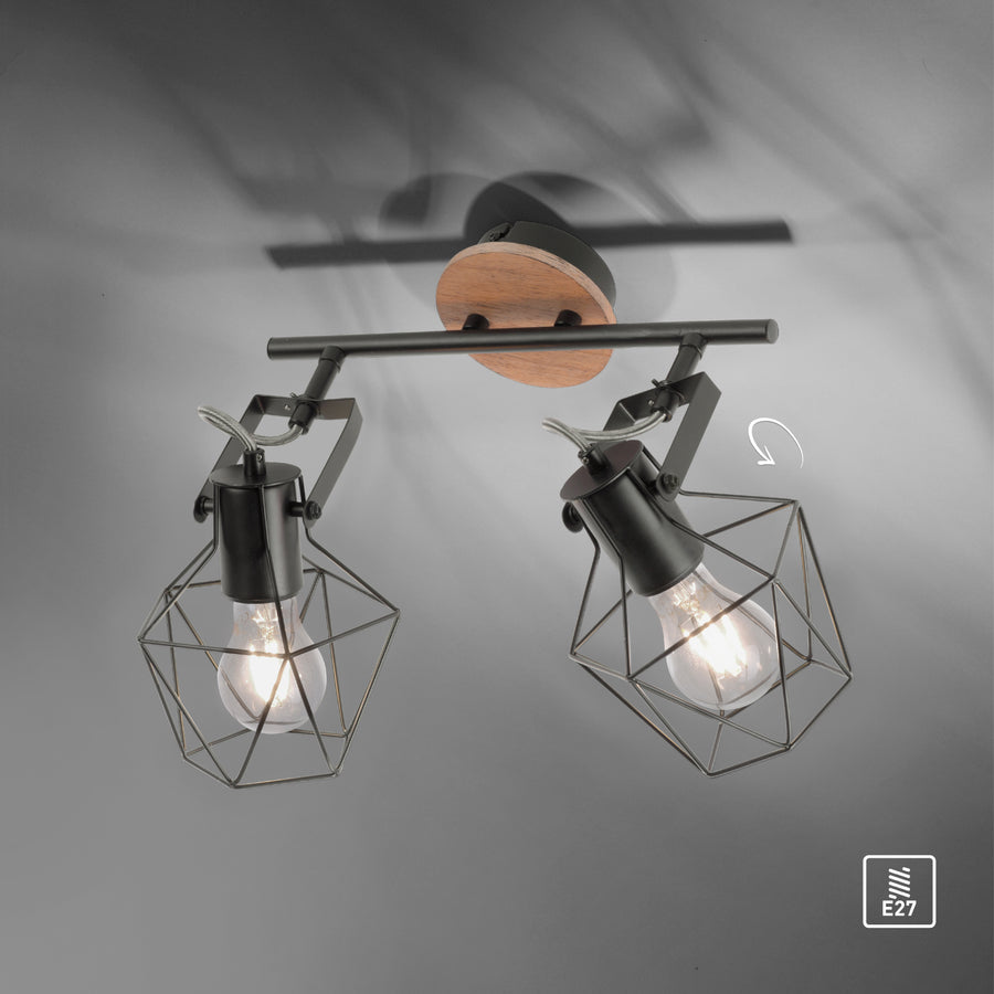 Plafonnier Jaro 2 lumières noir et bois