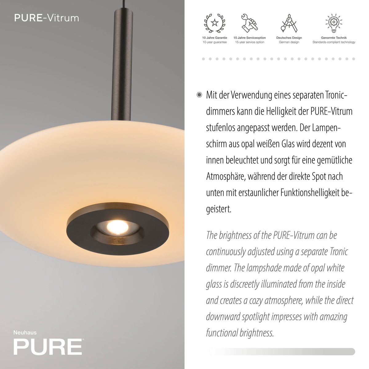 Gros plan sur l'abat-jour verre et le projecteur central, icônes de garantie visibles