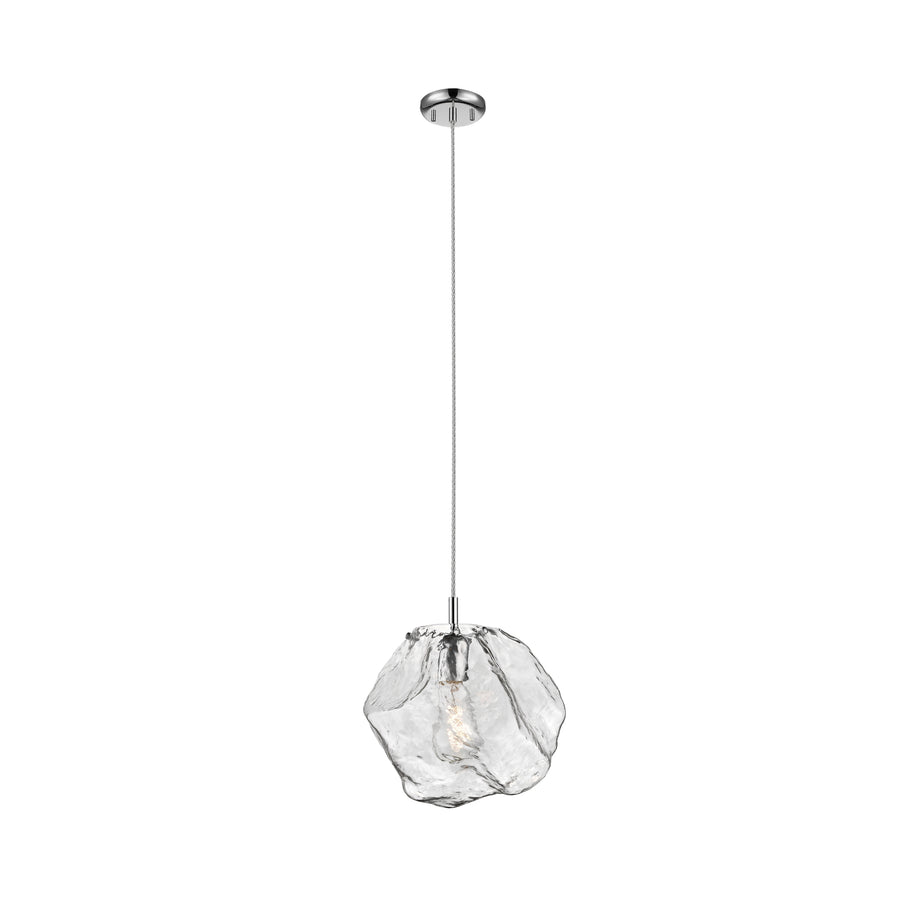 Suspension complète sur fond blanc, verre transparent texturé et câble tressé chromé.