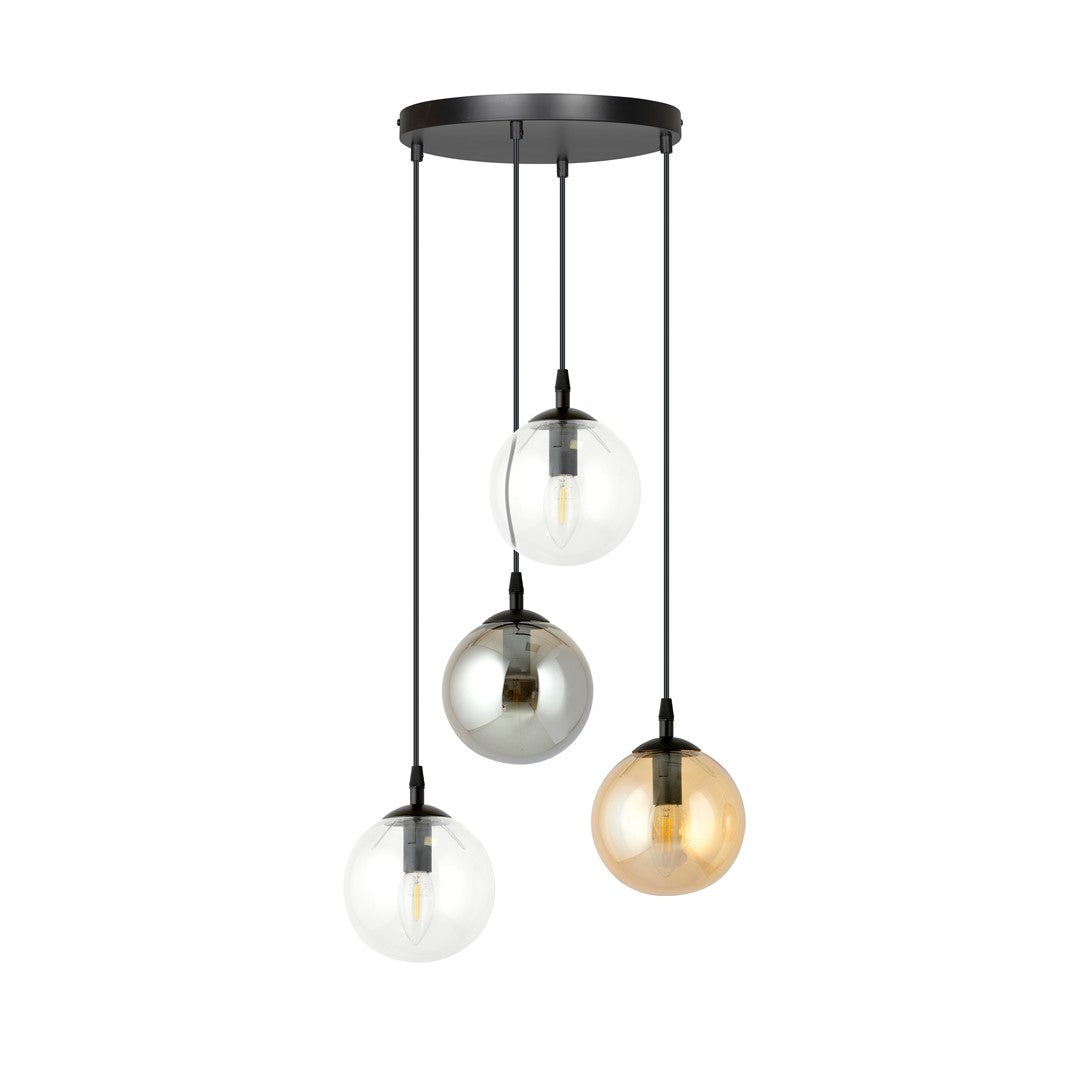 Vue de face du luminaire suspendu avec plaque noire et quatre diffuseurs sphériques en verre.