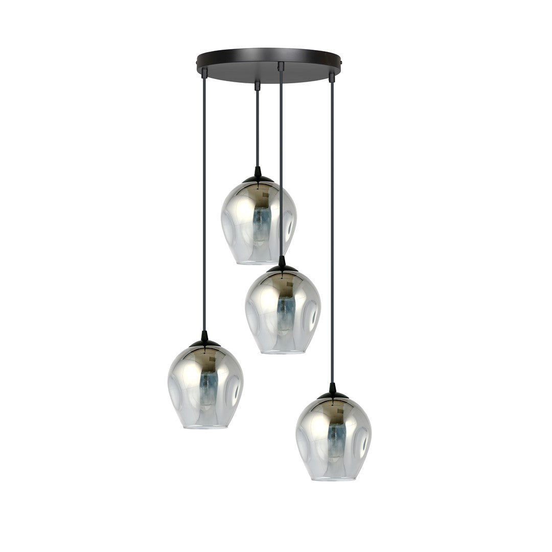 Vue de face non allumée, quatre globes en verre fumé et câbles noirs.