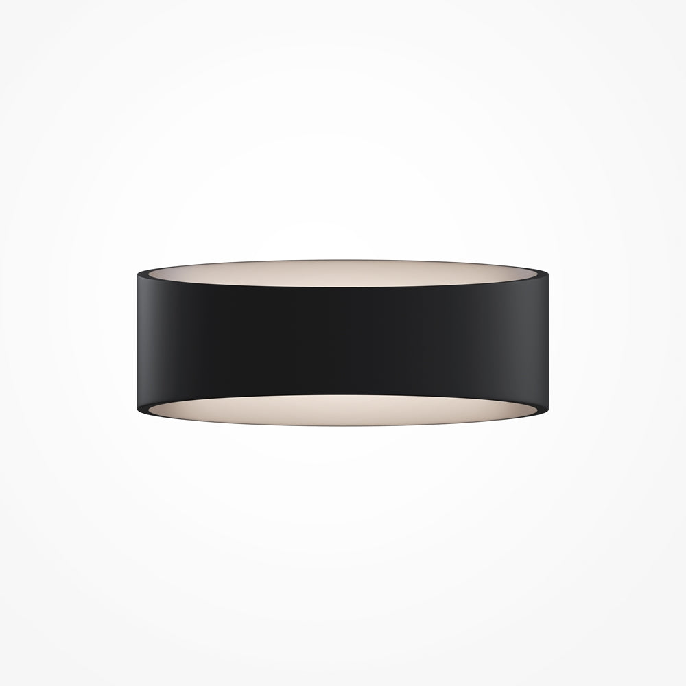 Vue de face d'un luminaire rond noir à abat-jour cylindrique, autre modèle