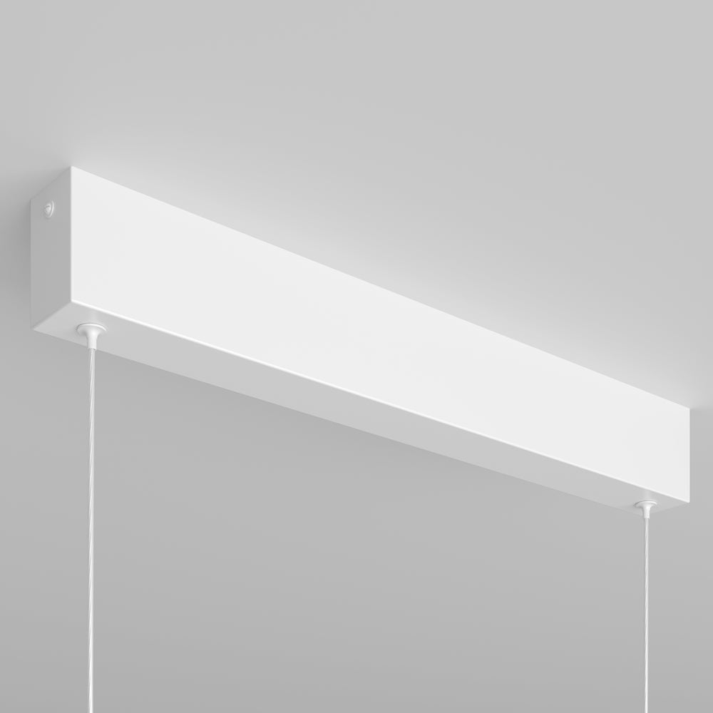 Détail du support plafond rectangulaire blanc et des fixations des deux câbles