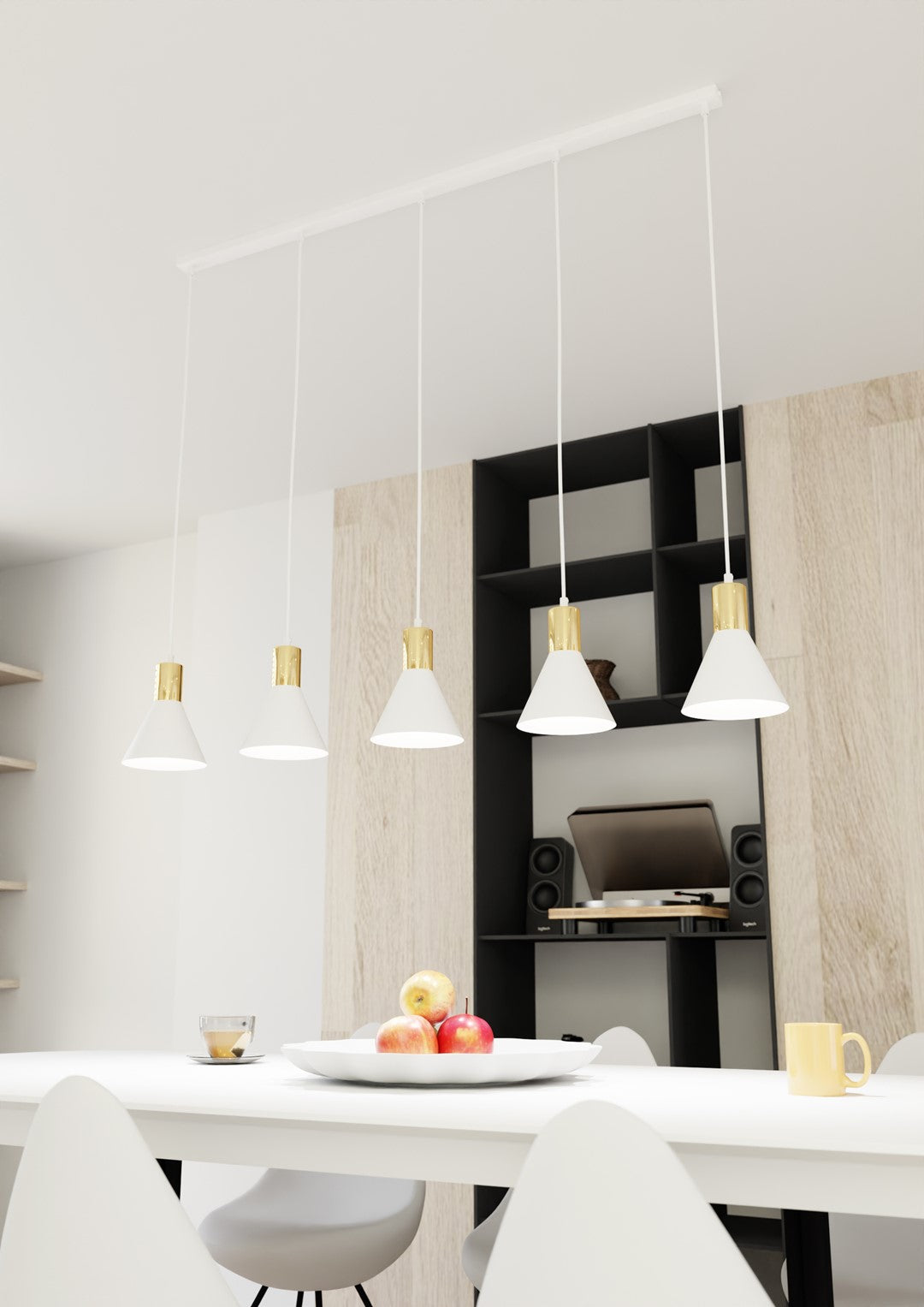 Mise en ambiance au-dessus d'une table blanche, étagère noire et mur bois en arrière-plan
