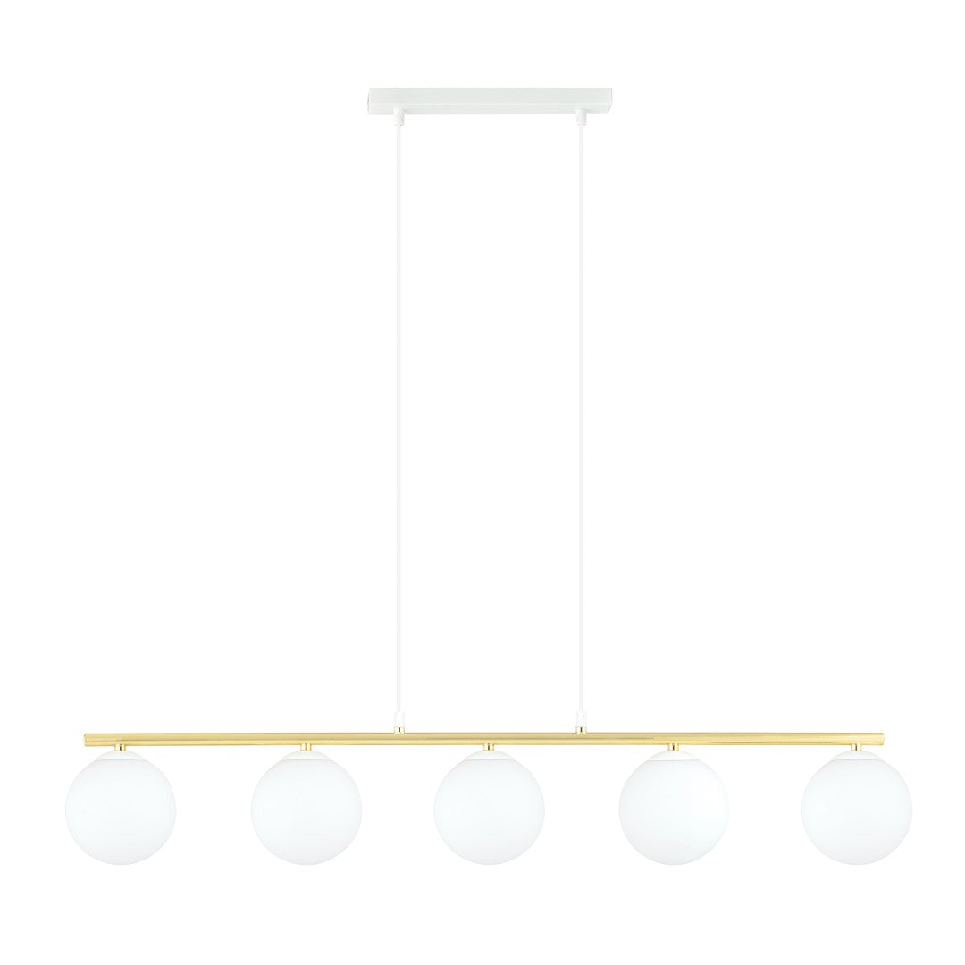 Second angle du luminaire, verre opalin blanc et structure dorée sur câbles fins